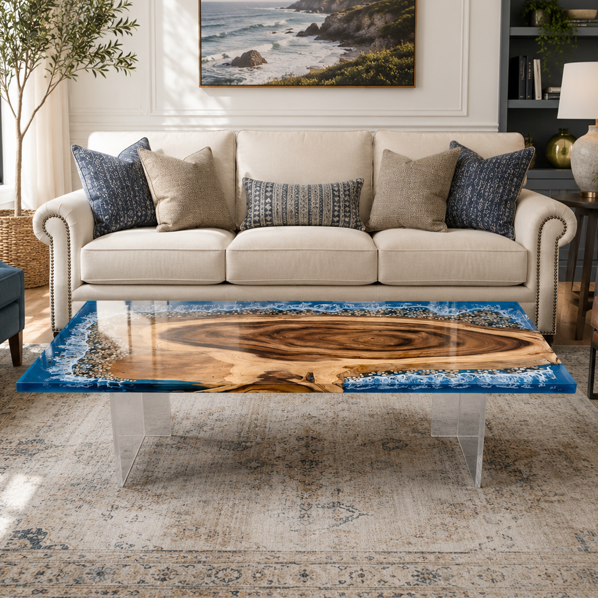 Walnut Wood Ocean Scene Rectangle Resin Coffee Table