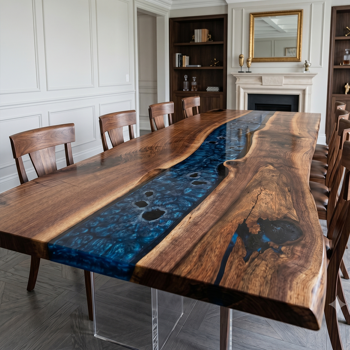 Walnut Wood Epoxy Resin Turquoise Stream Dining Table