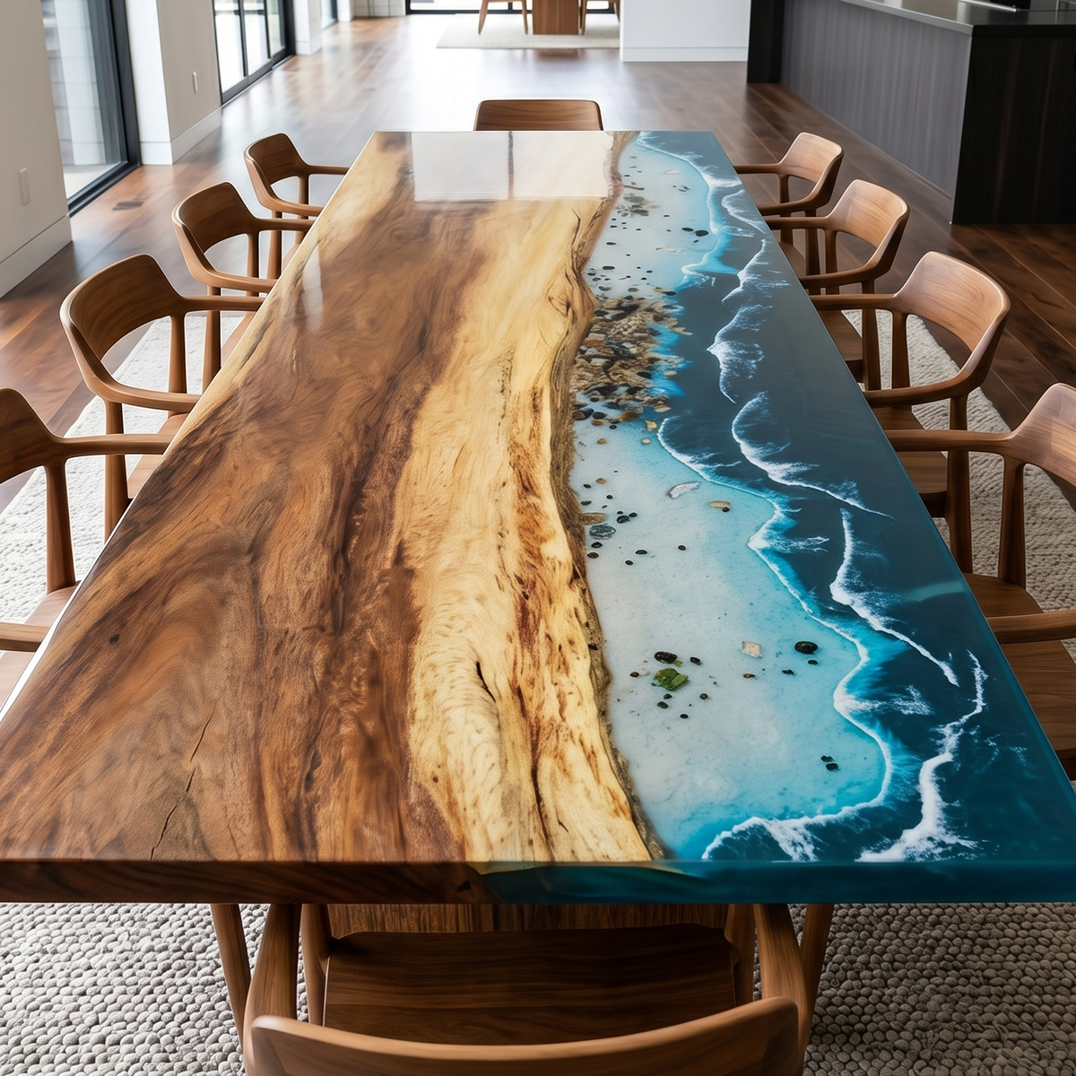 Olive Wood Blue Wave Rectangular Epoxy Resin Dining Table