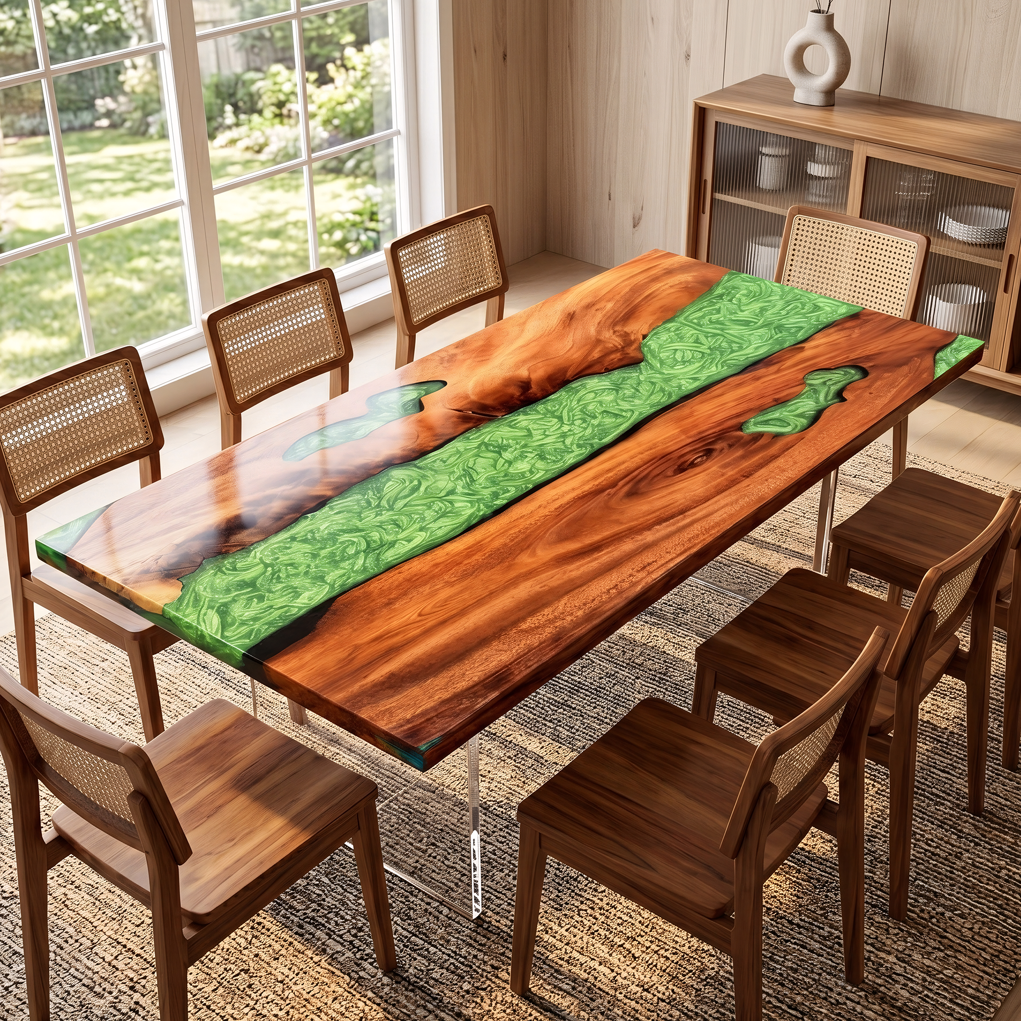 Walnut Wood Green Epoxy River Dining Table