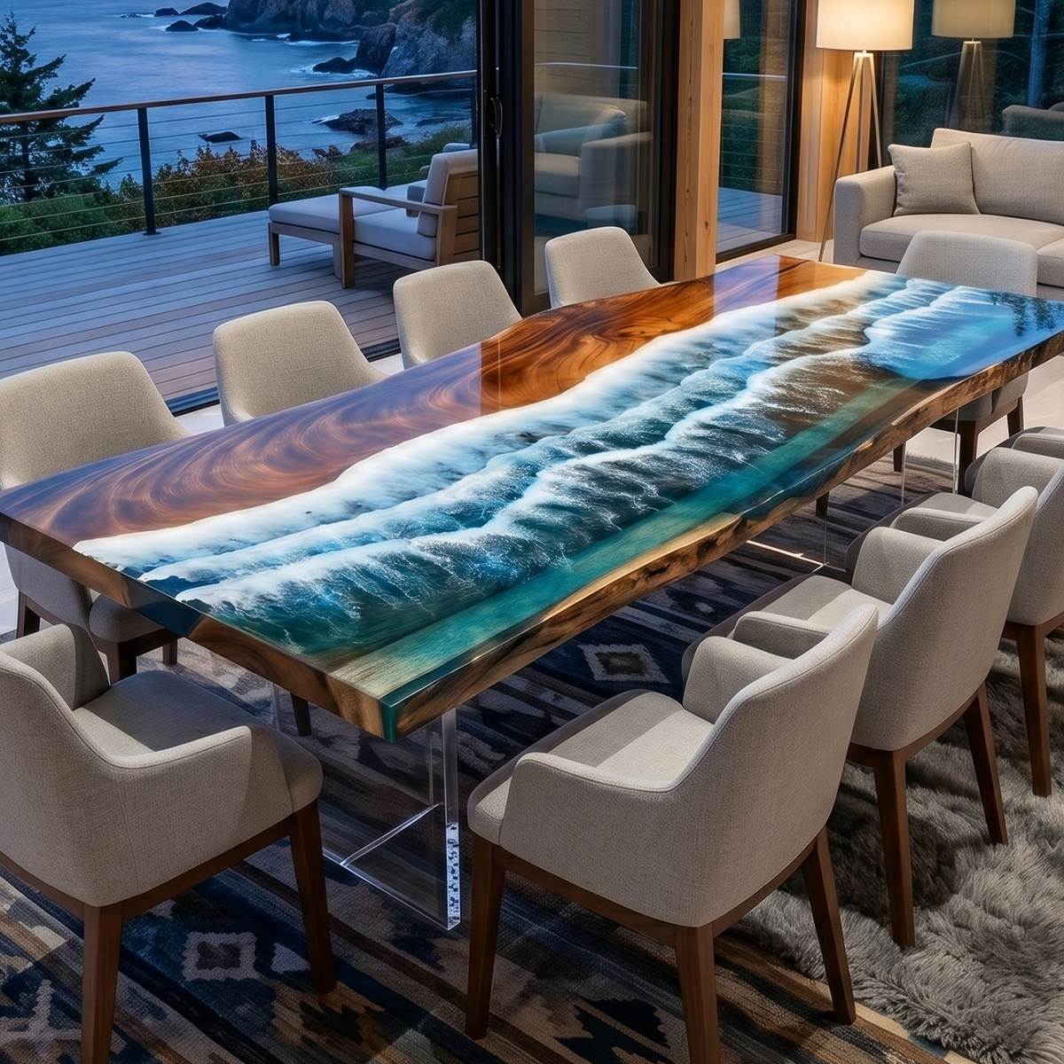 Walnut Wood Blue Wave Console Epoxy Resin Dining Table