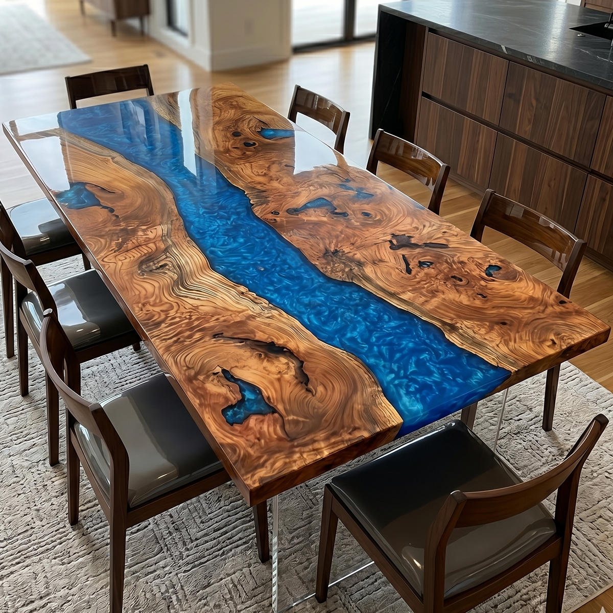 Walnut Wood Blue River Rectangle Epoxy vResin Dining Table