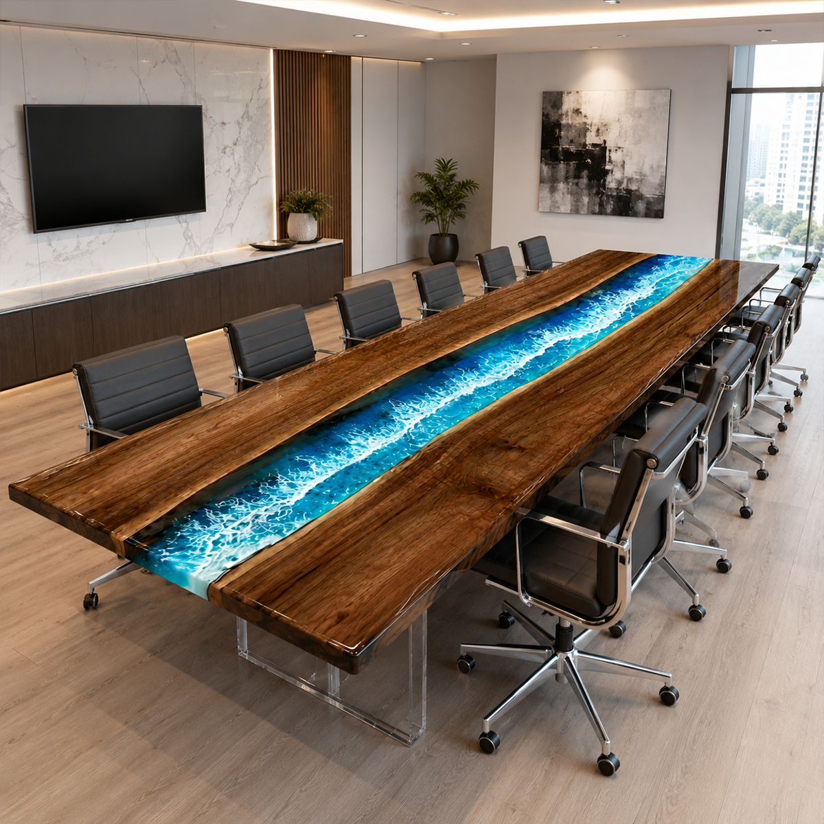 Black Walnut with Blue Wave Epoxy Resin Conference Table