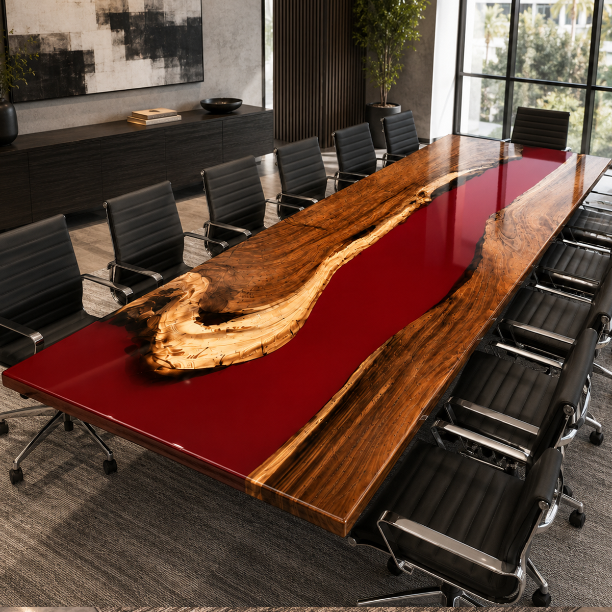 Walnut Wood with Red Epoxy Resin Conference Table