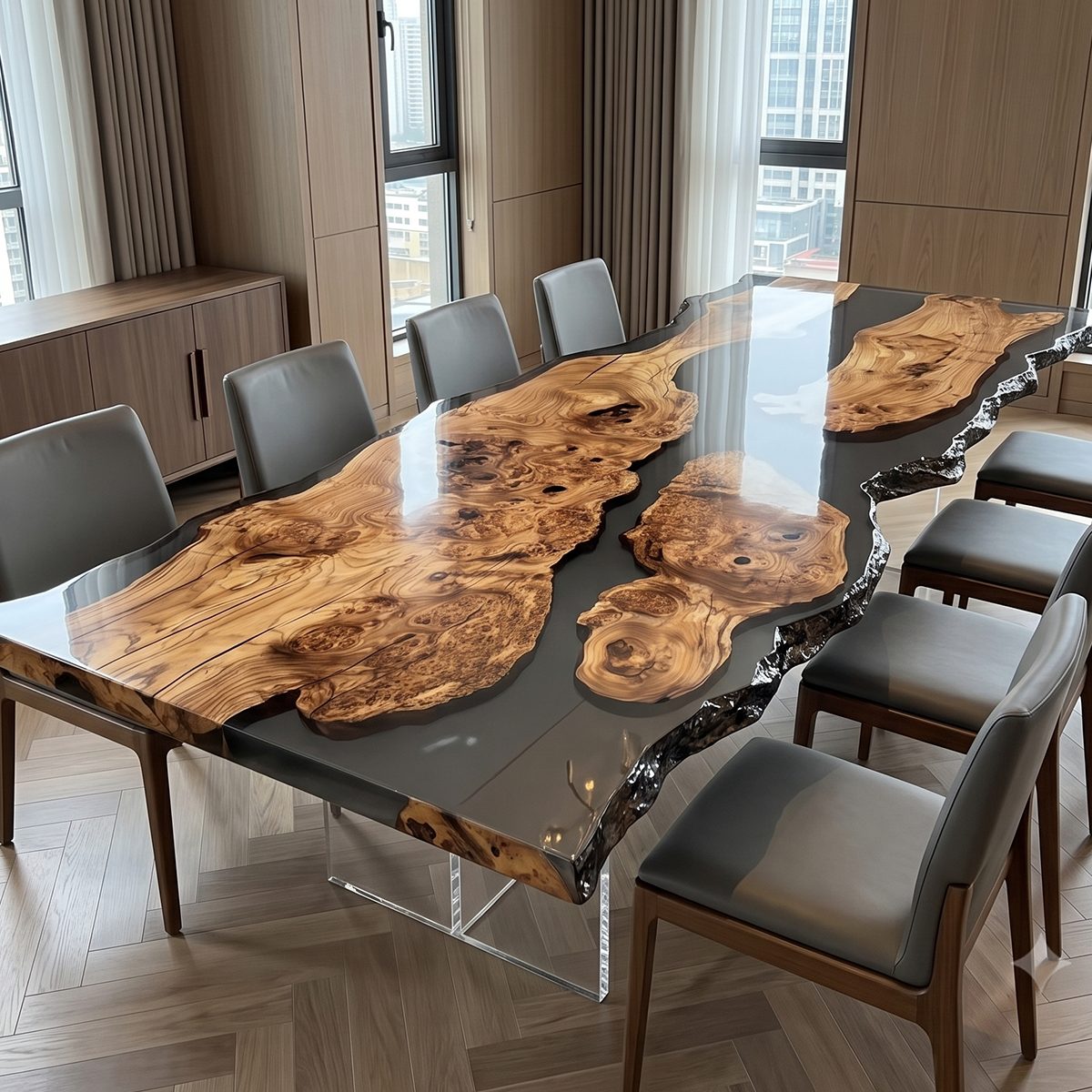 Olive Wood Live Edge Rectangle Epoxy Resin Dining Table