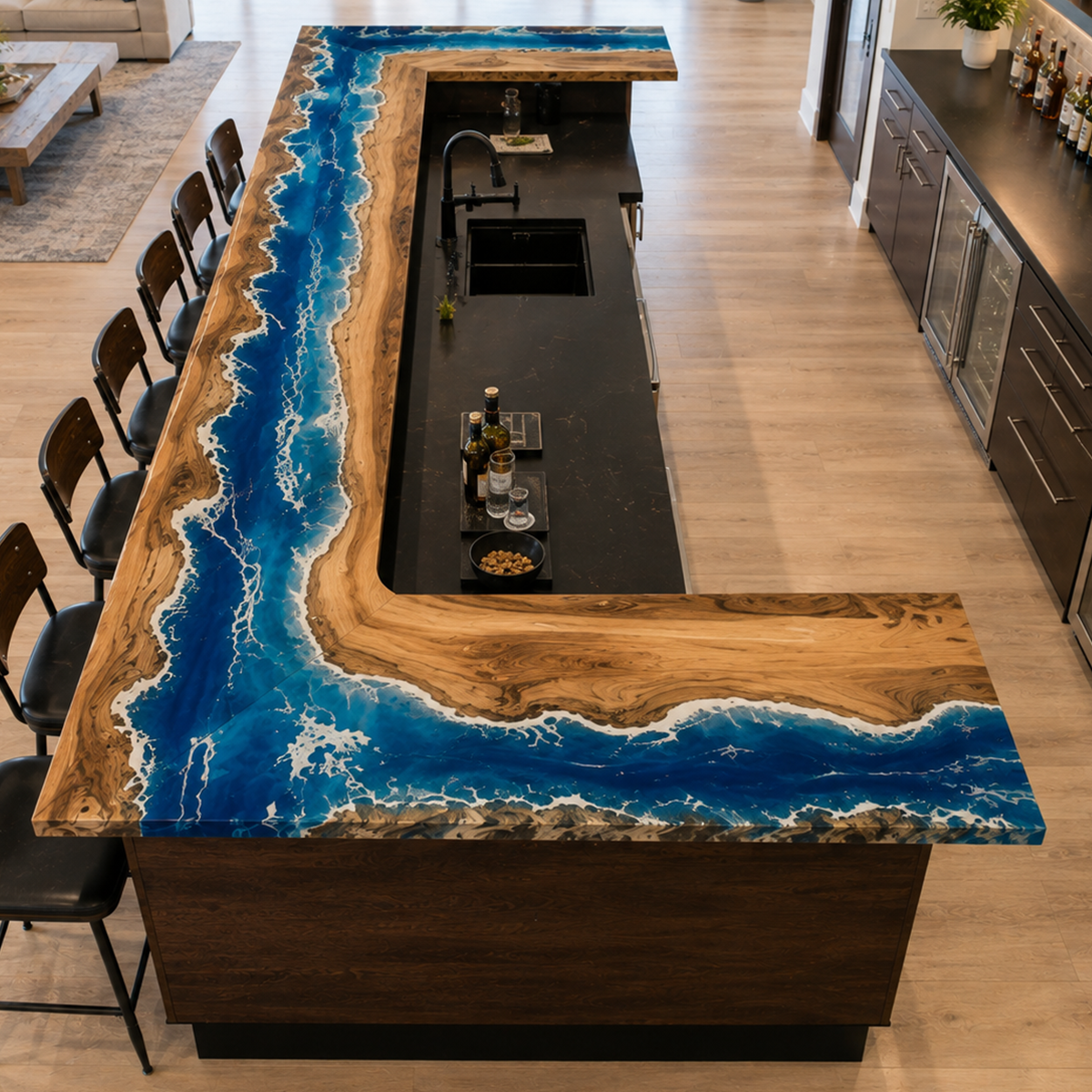 Walnut Wood L-Shaped Ocean Wave Custom Corner Epoxy Resin Bar Table