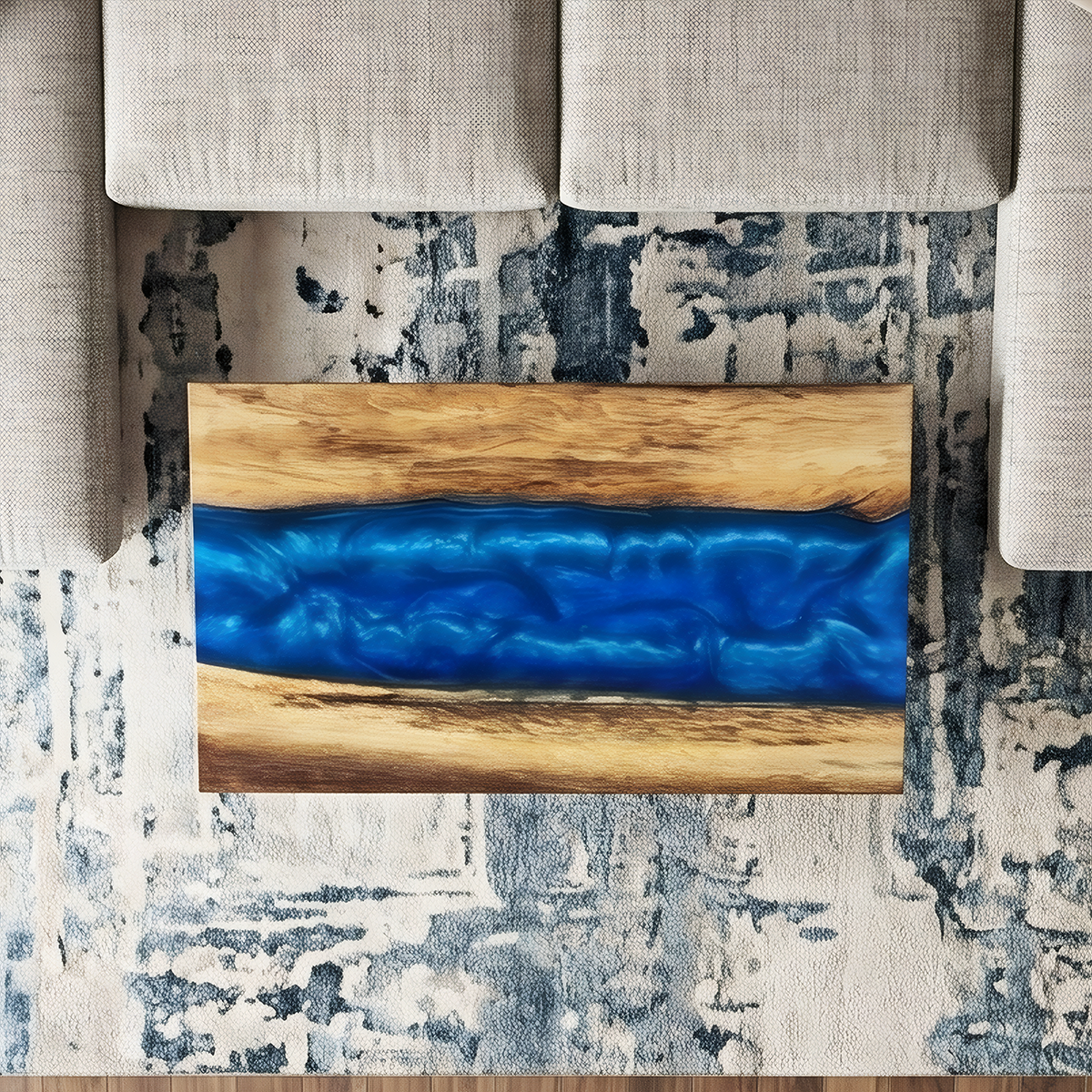 Walnut Wood Blue Sky Rectangle Resin Coffee Table