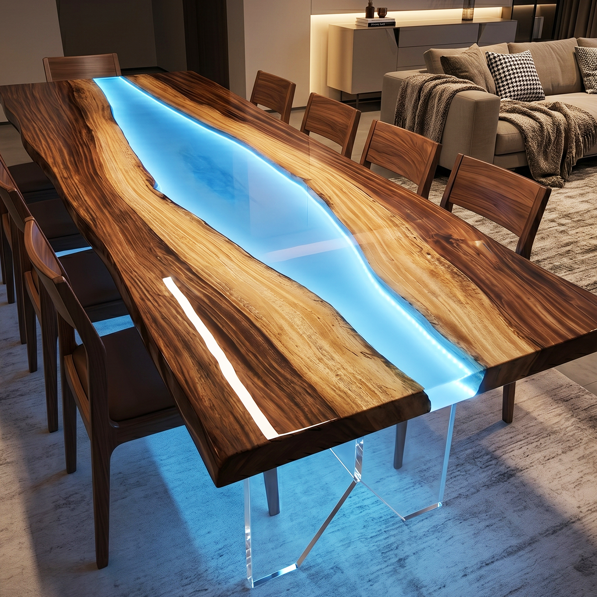 Walnut Wood LED Blue River Epoxy Resin Dining Table