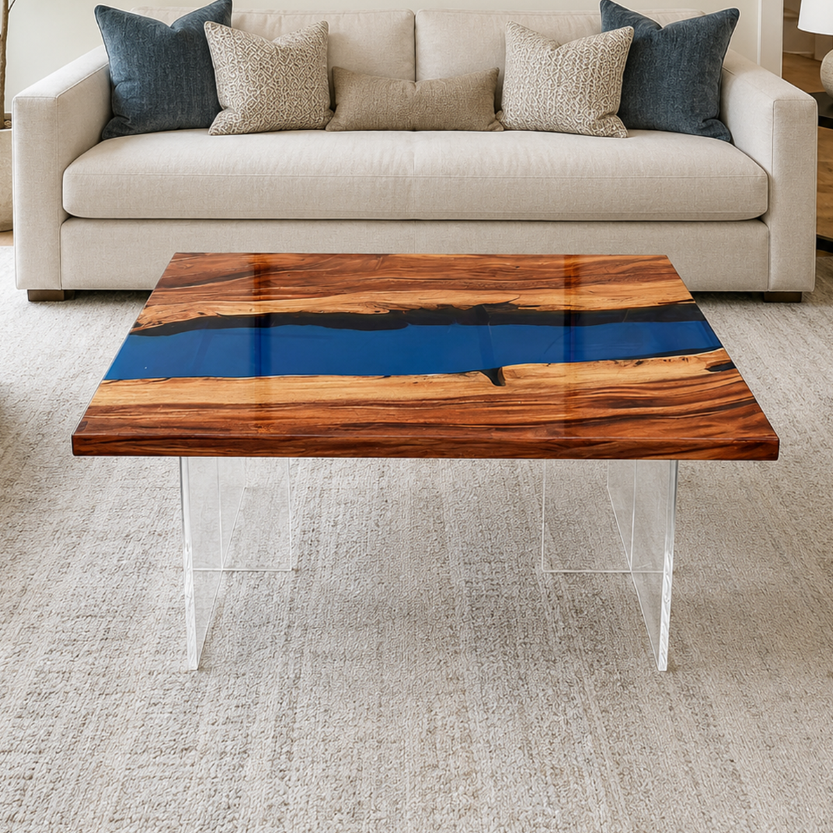 Walnut Wood Rectangle Blue Coffee Table
