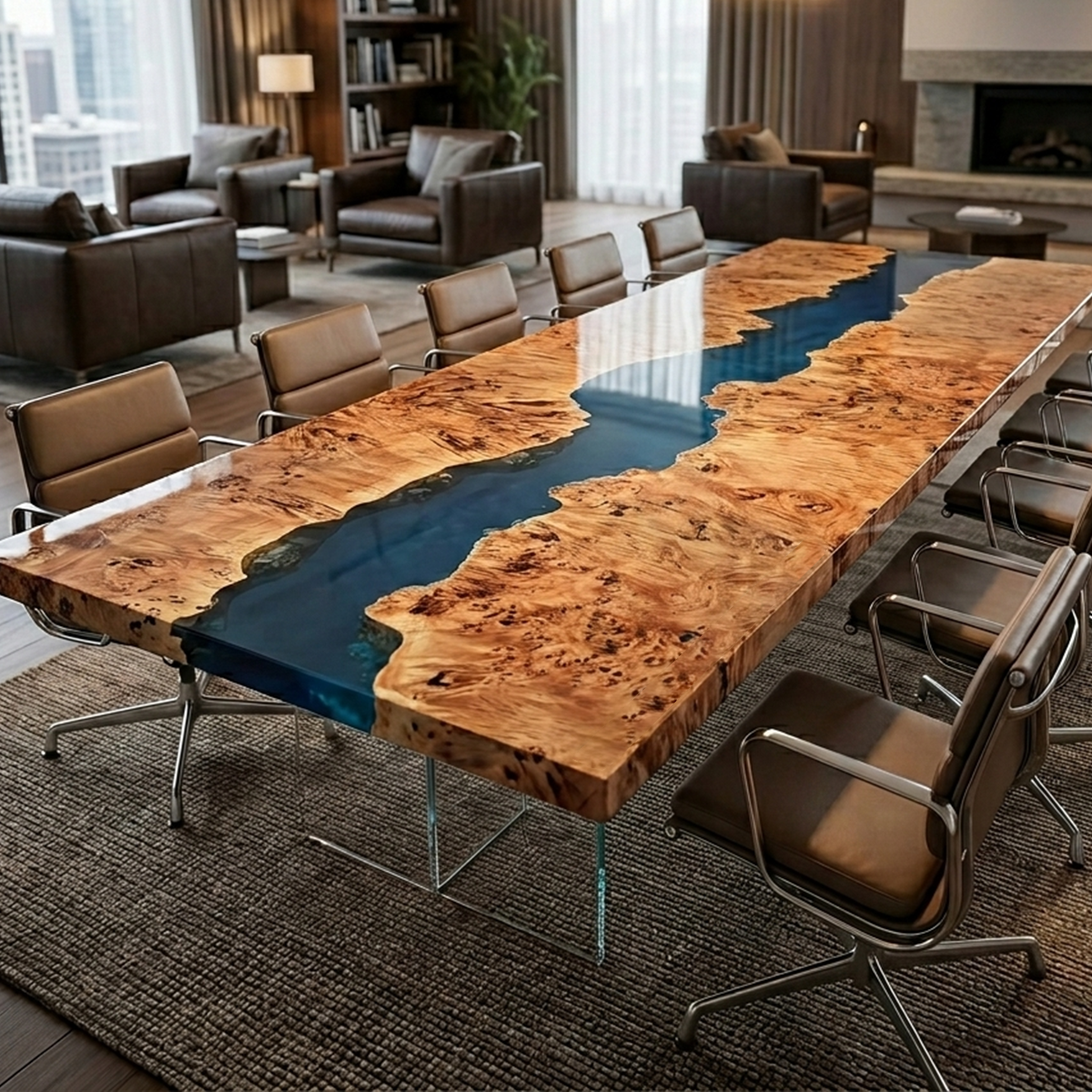 Poplar Wood  Rectangle Blue River  Resin Conference Table