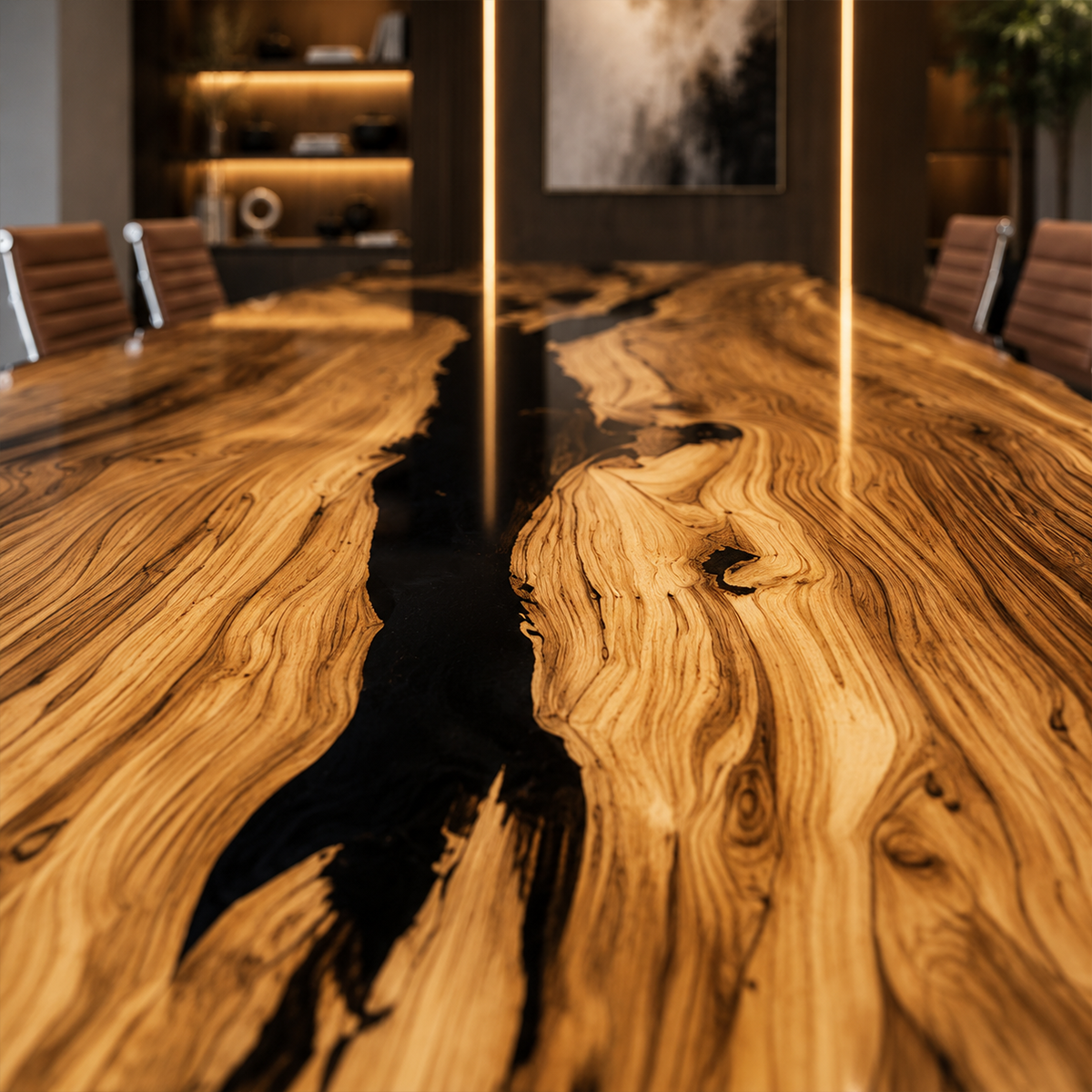 Olive Wood Obsidian Epoxy Resin Conference Table