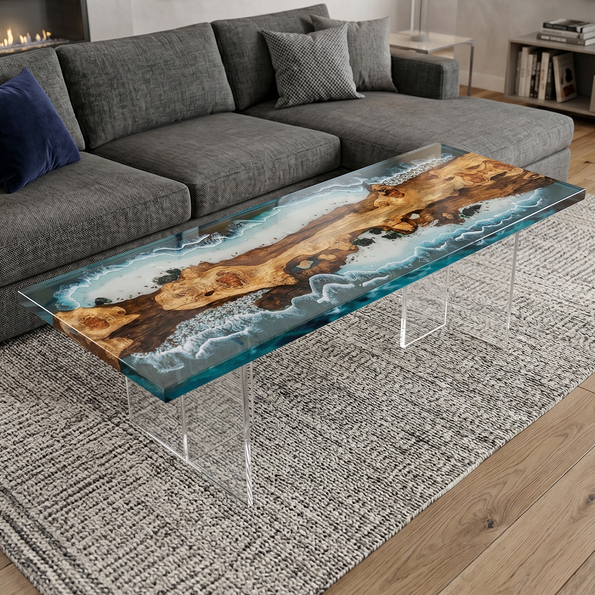 Walnut Wood Ocean Wave Resin Coffee Table