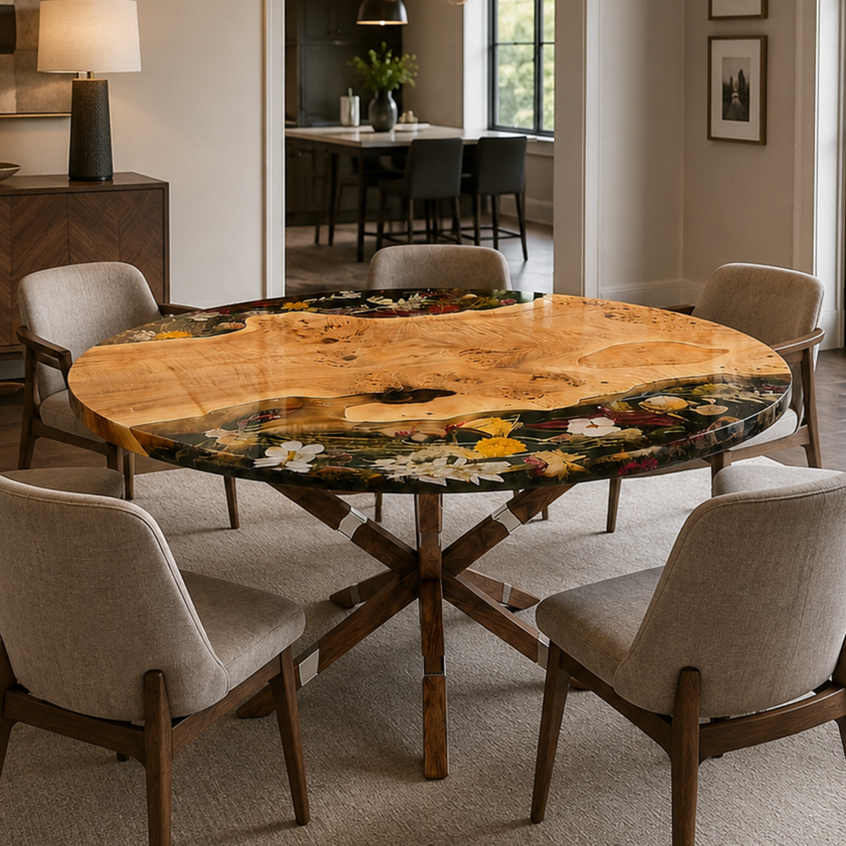 Poplar Wood Flower Round Resin Table