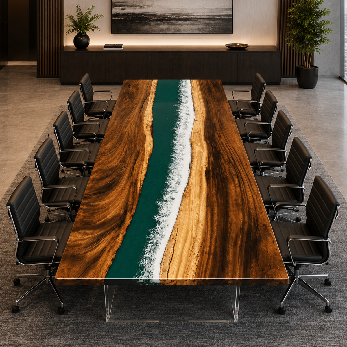 Walnut Wood with Green Wave Epoxy Resin Conference Table