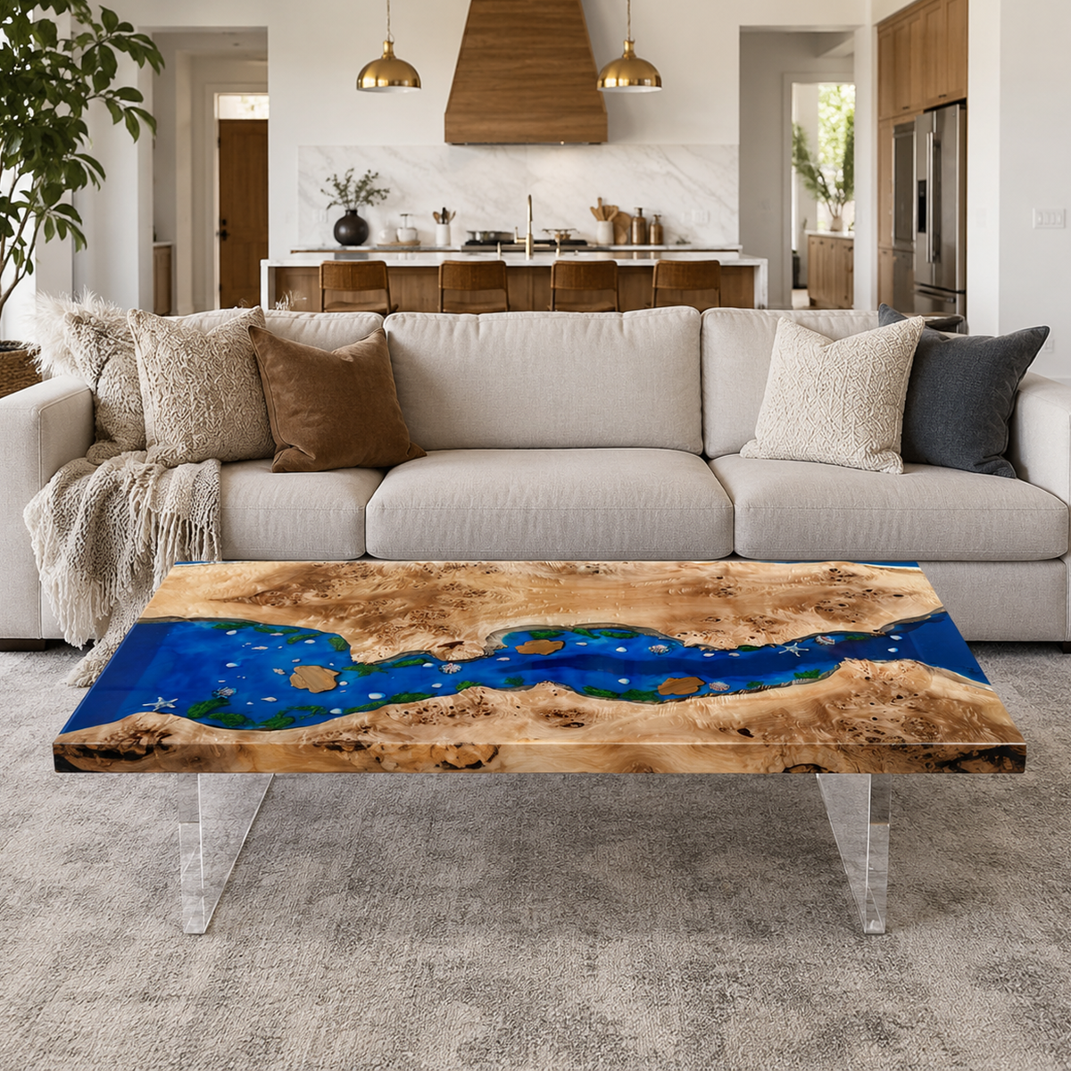 Poplar Wood Blur River Rectangle Resin Coffee Table