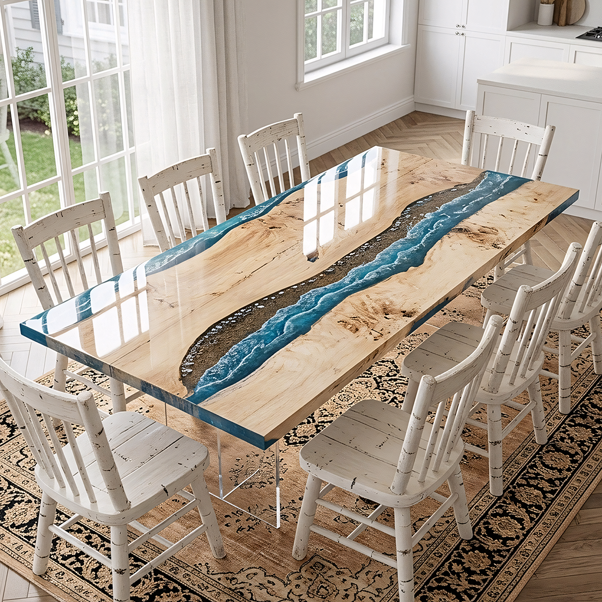 Poplar Wood Blue River Rectangle Epoxy Resin Dining Table