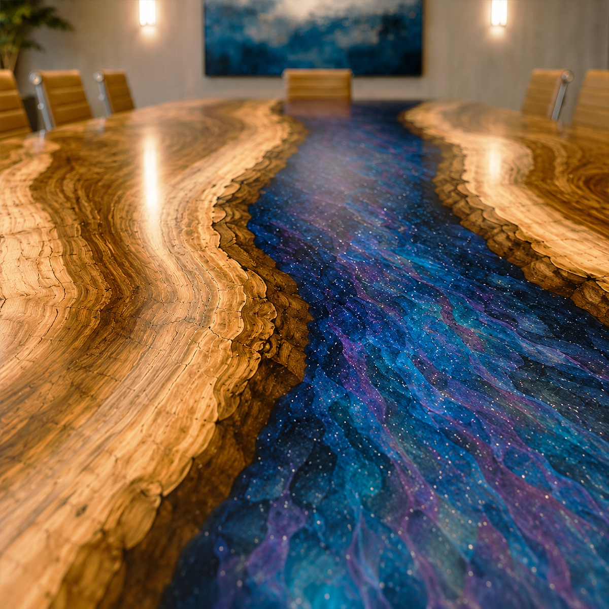 Walnut Wood with Sky Epoxy Resin Conference Table