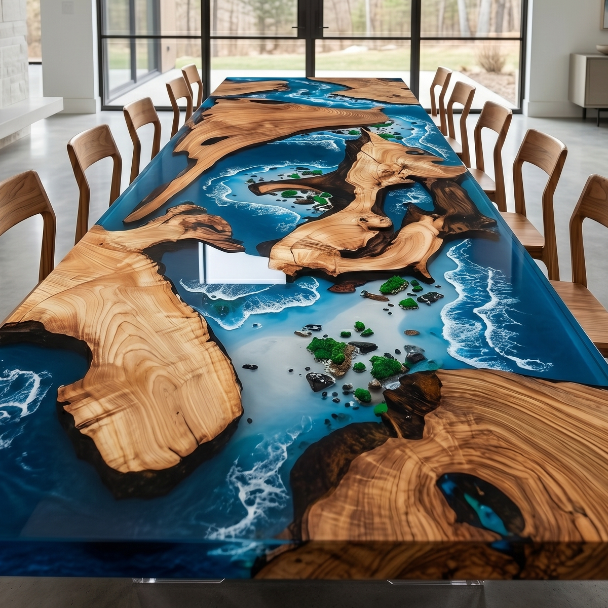 Olive Wood Ocean Scene Rectangle Epoxy Resin Dining Table