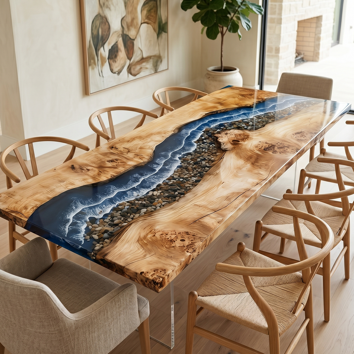 Poplar Wood Sea Wave Rectangle Epoxy Resin Dining Table