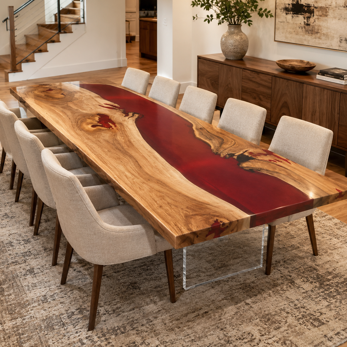 Walnut Wood with Red Epoxy Resin Dining Table