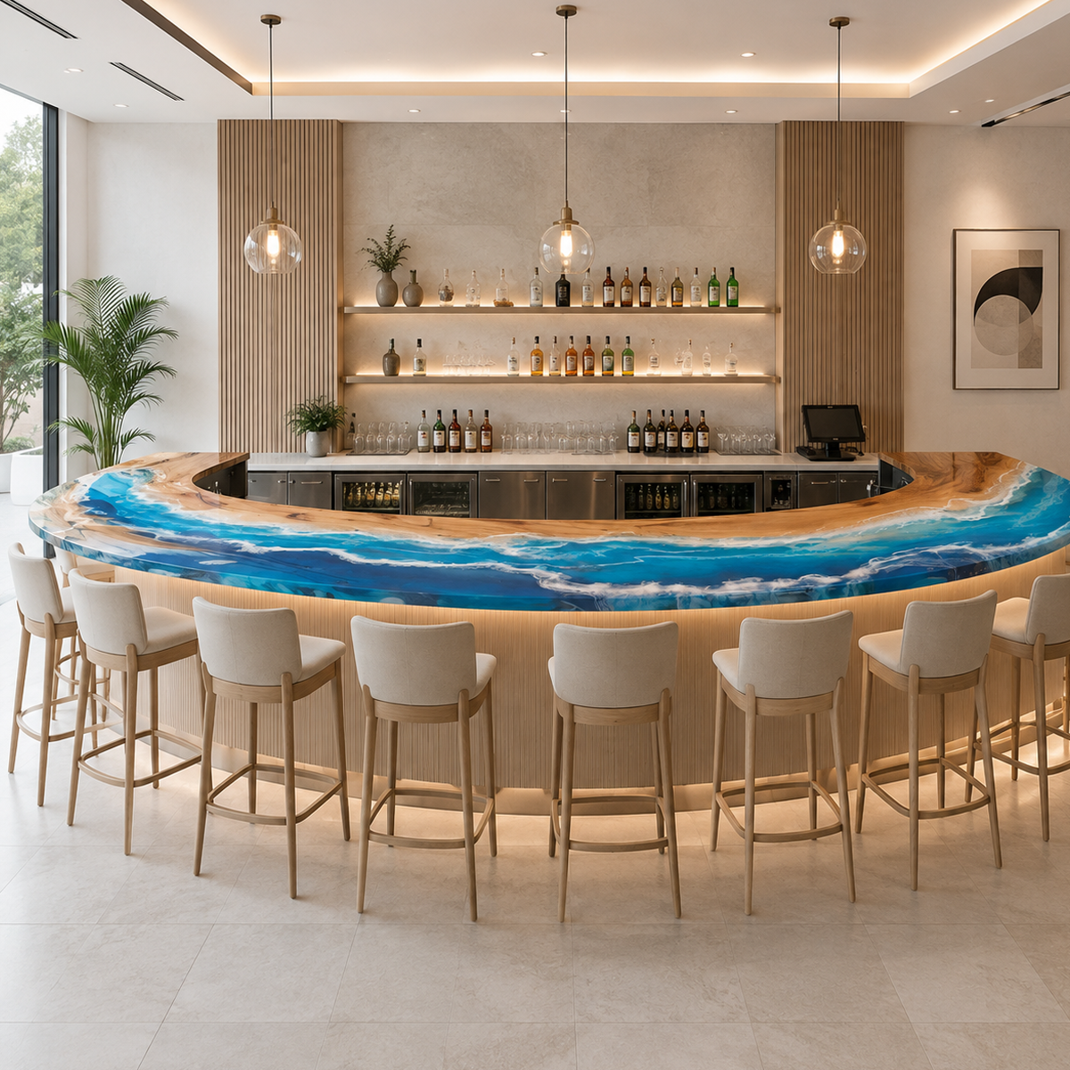 Walnut Wood Curved Ocean Wave Commercial Custom Epoxy Resin Bar Table