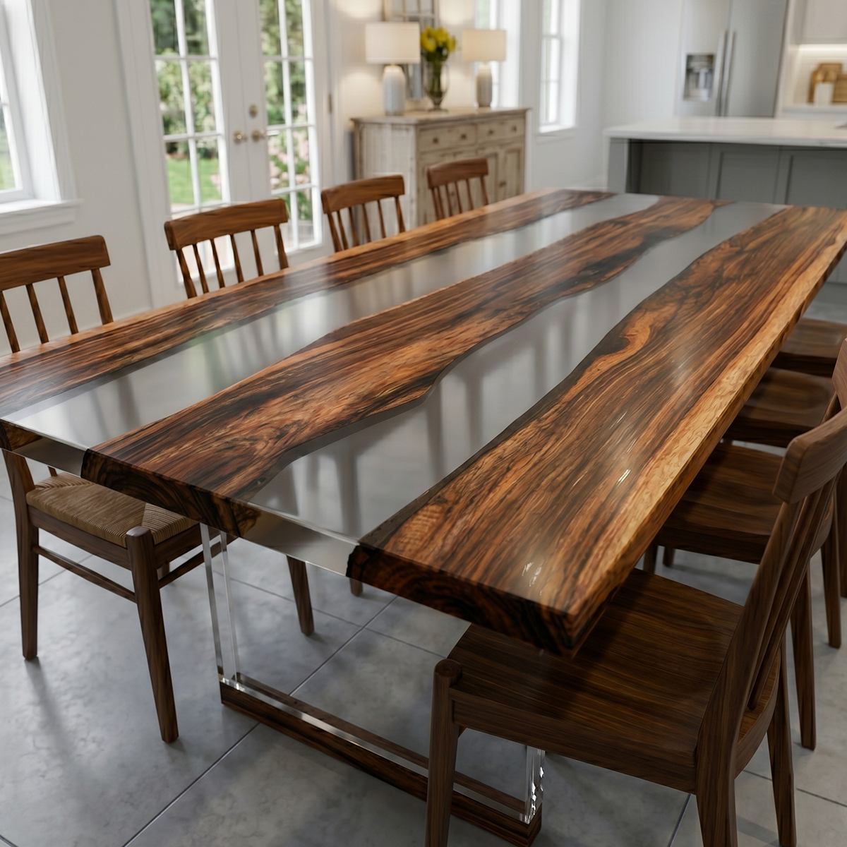 Black Walnut Wood Rectangle Epoxy Resin Dining Table