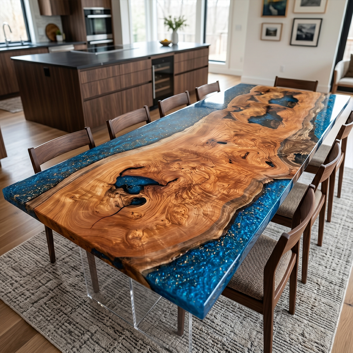Rectangle Burl Wood Blue Epoxy Resin River Dining Table