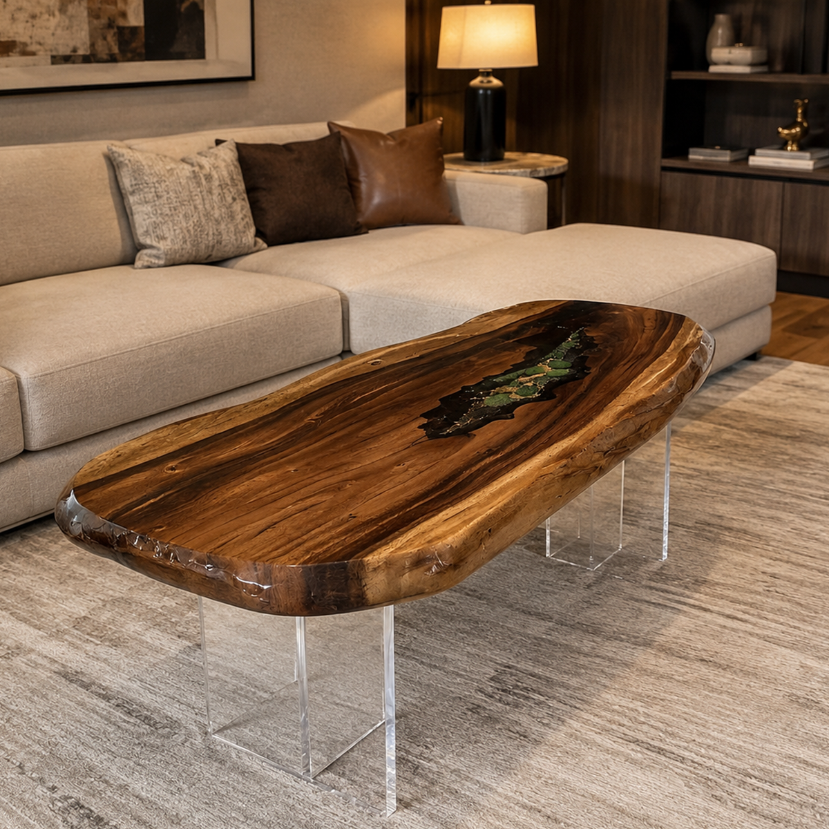 Walnut Wood Natural Slab Greenery Resin Table 30“W x 63"L