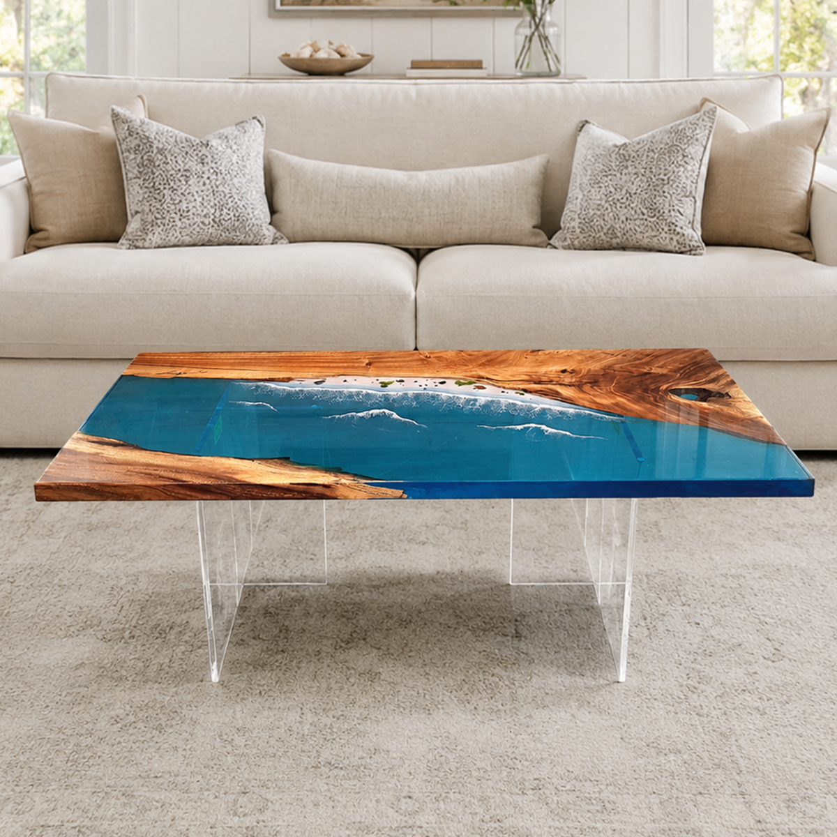 Cunninghamia Wood Sea Wavy Rectangle Resin Coffee Table