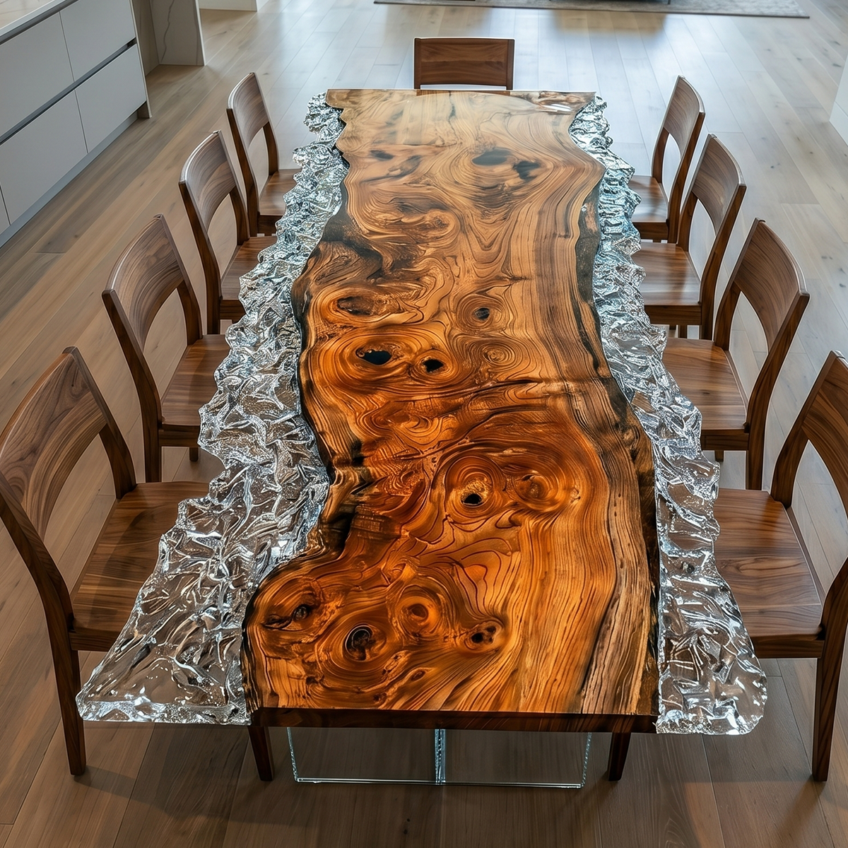 Olive Burl Wood Silver Metallic Epoxy Live Edge Dining Table