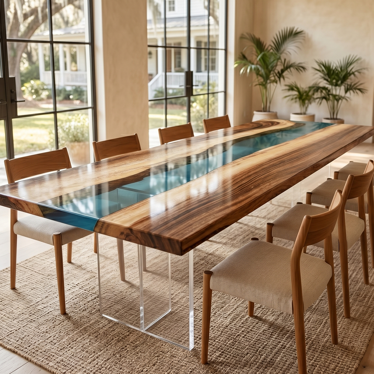 Walnut Wood Transparent Blue Epoxy Resin Dining Table
