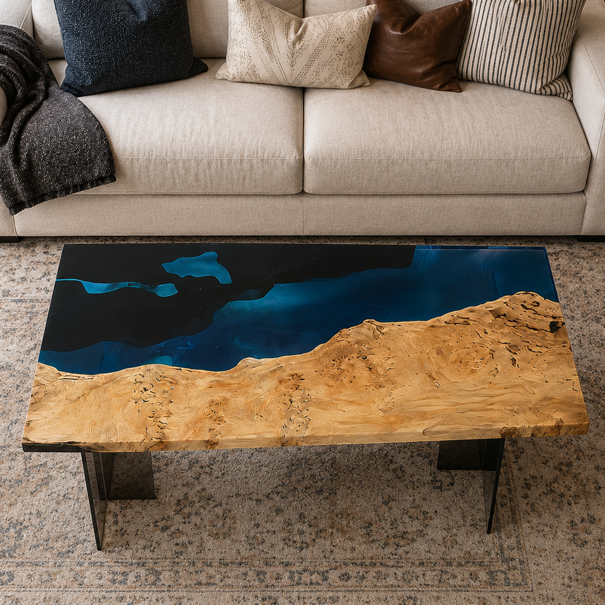 Poplar Wood Lake Scene Rectangle Resin Coffee Table