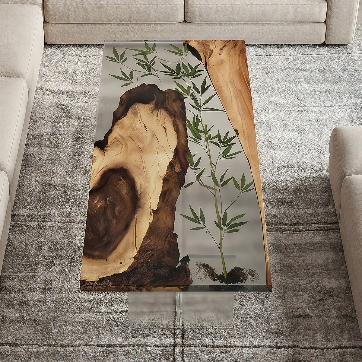 Bamboo Inlay Walnut Wood Epoxy Resin Coffee Table
