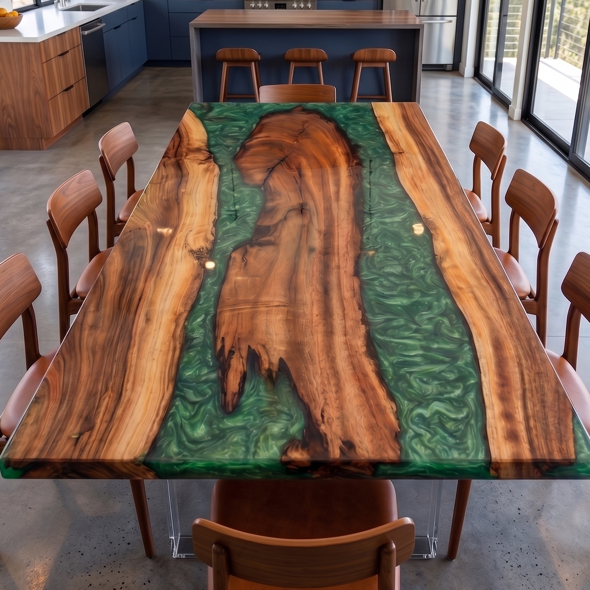 Walnut Wood Swirl Green River Rectangle Epoxy Resin Dining Table