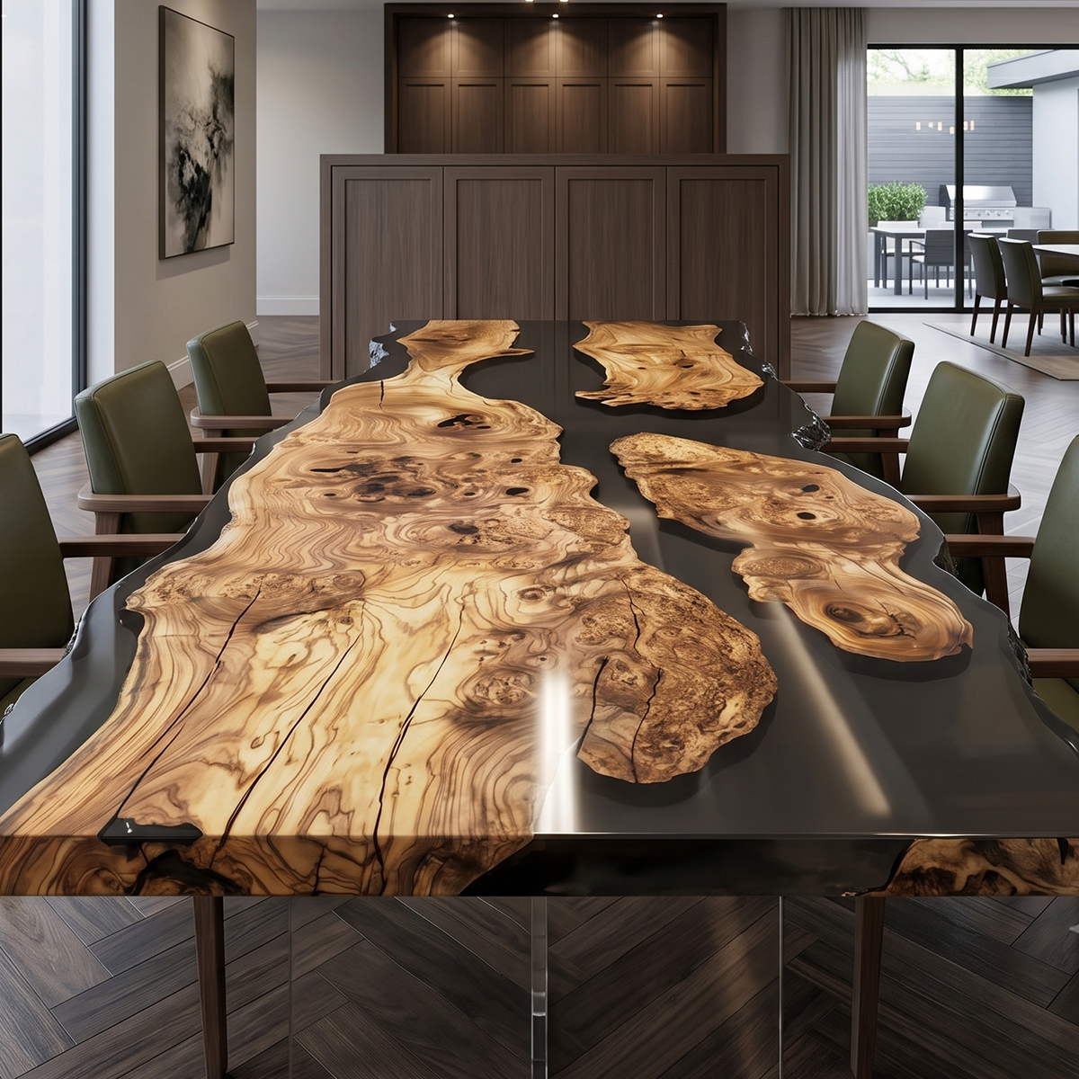 Olive Wood Live Edge Rectangle Epoxy Resin Dining Table