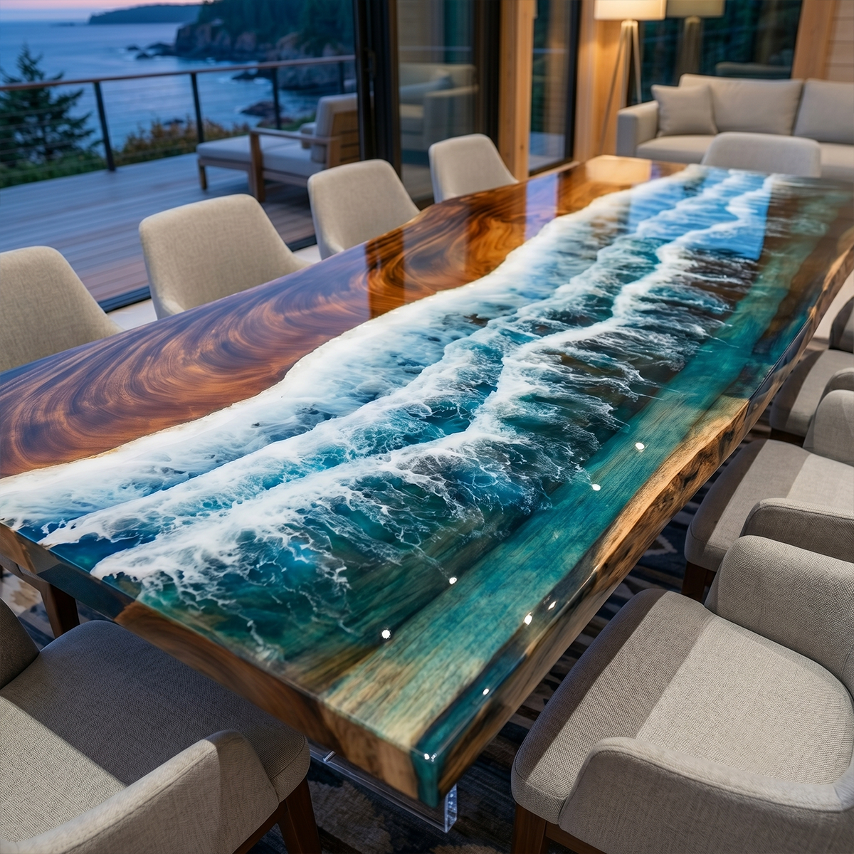 Walnut Wood Blue Wave Console Epoxy Resin Dining Table