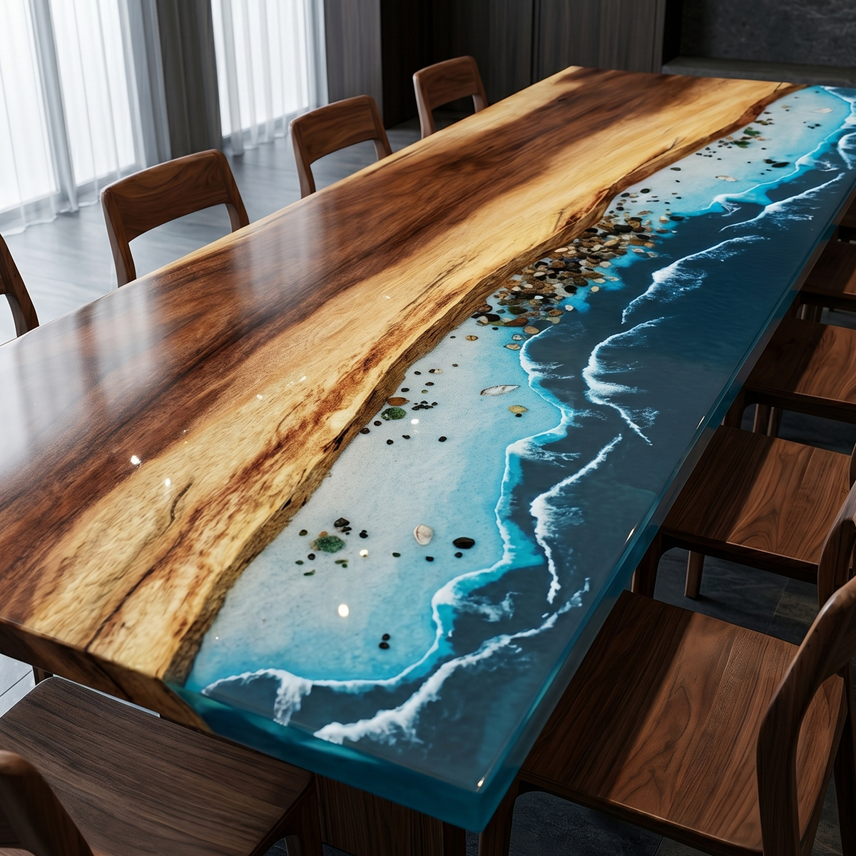 Olive Wood Blue Wave Rectangular Epoxy Resin Dining Table