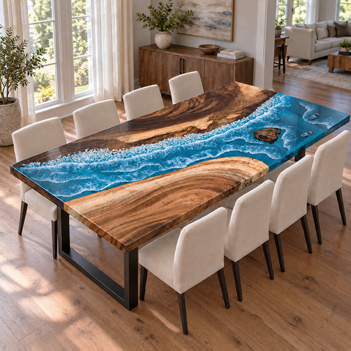 Walnut Wood Epoxy Resin Table with Artistic Ocean Wave Design for Dining Rooms