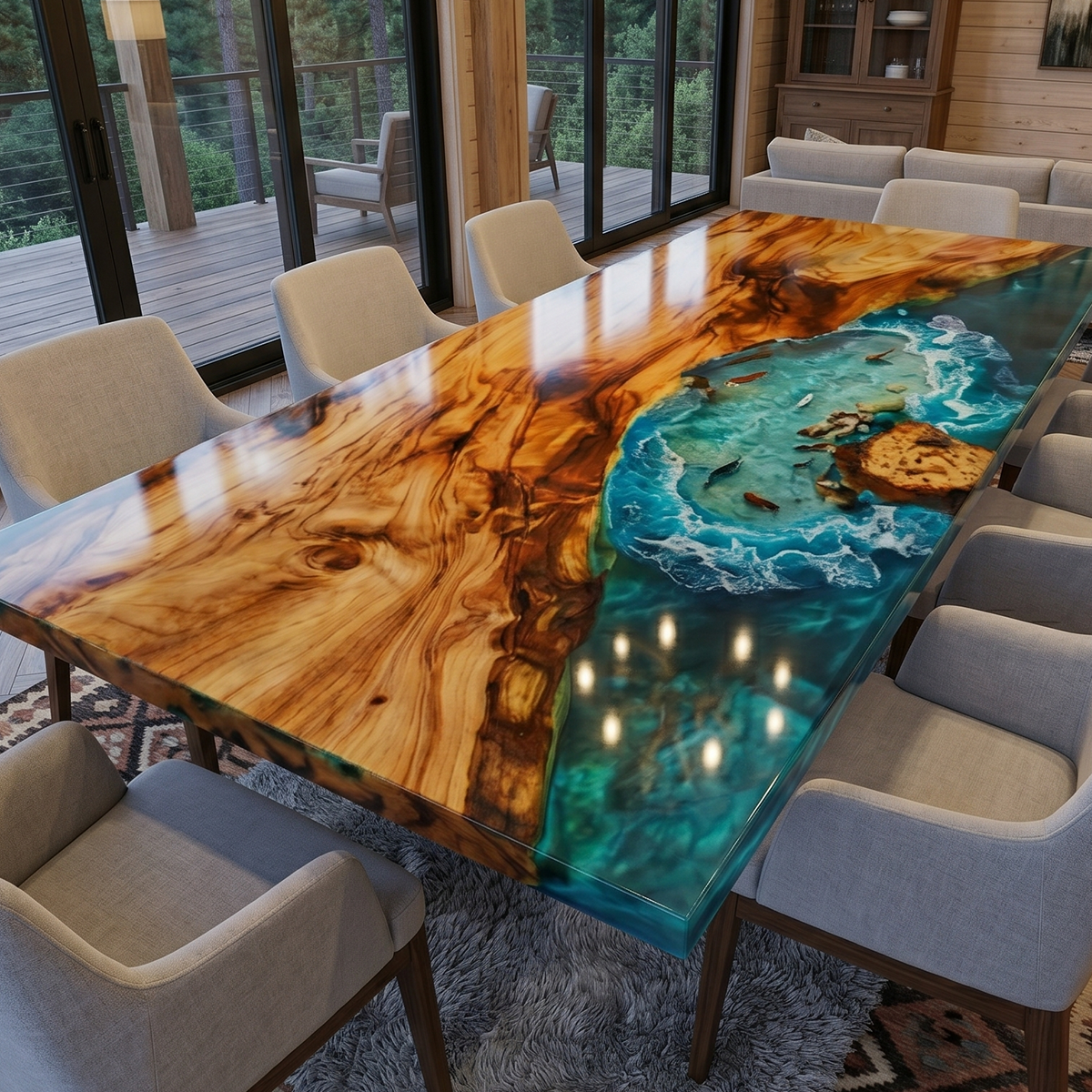 Cunninghamia Wood Epoxy Table with Island Epoxy Resin Dining Table