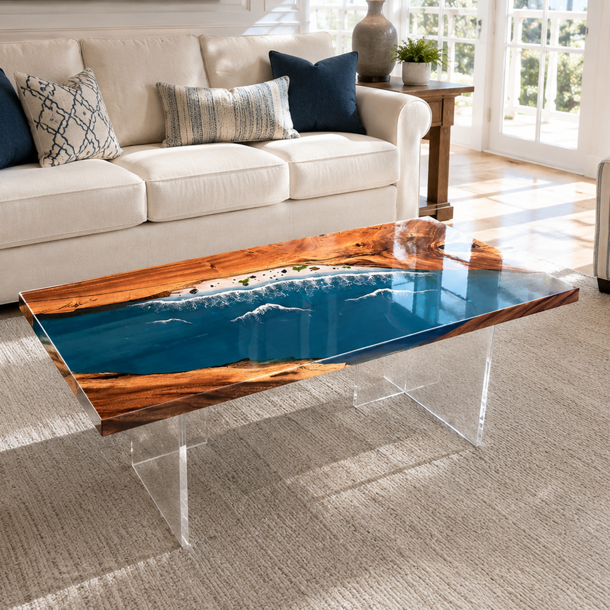 Cunninghamia Wood Sea Wavy Rectangle Resin Coffee Table