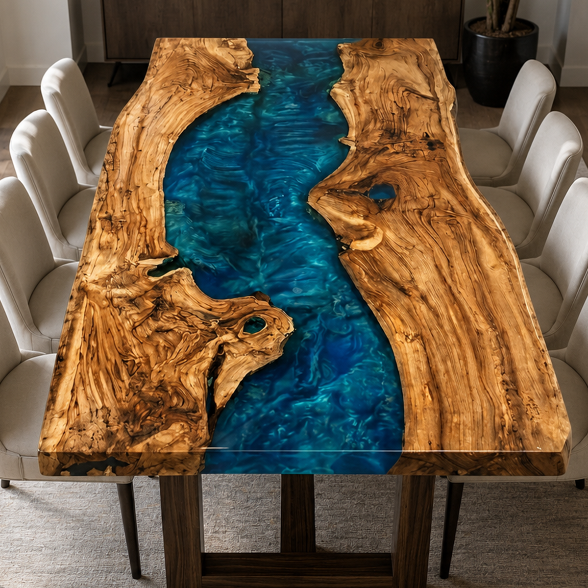 Custom Olive Wood Epoxy River Dining Table