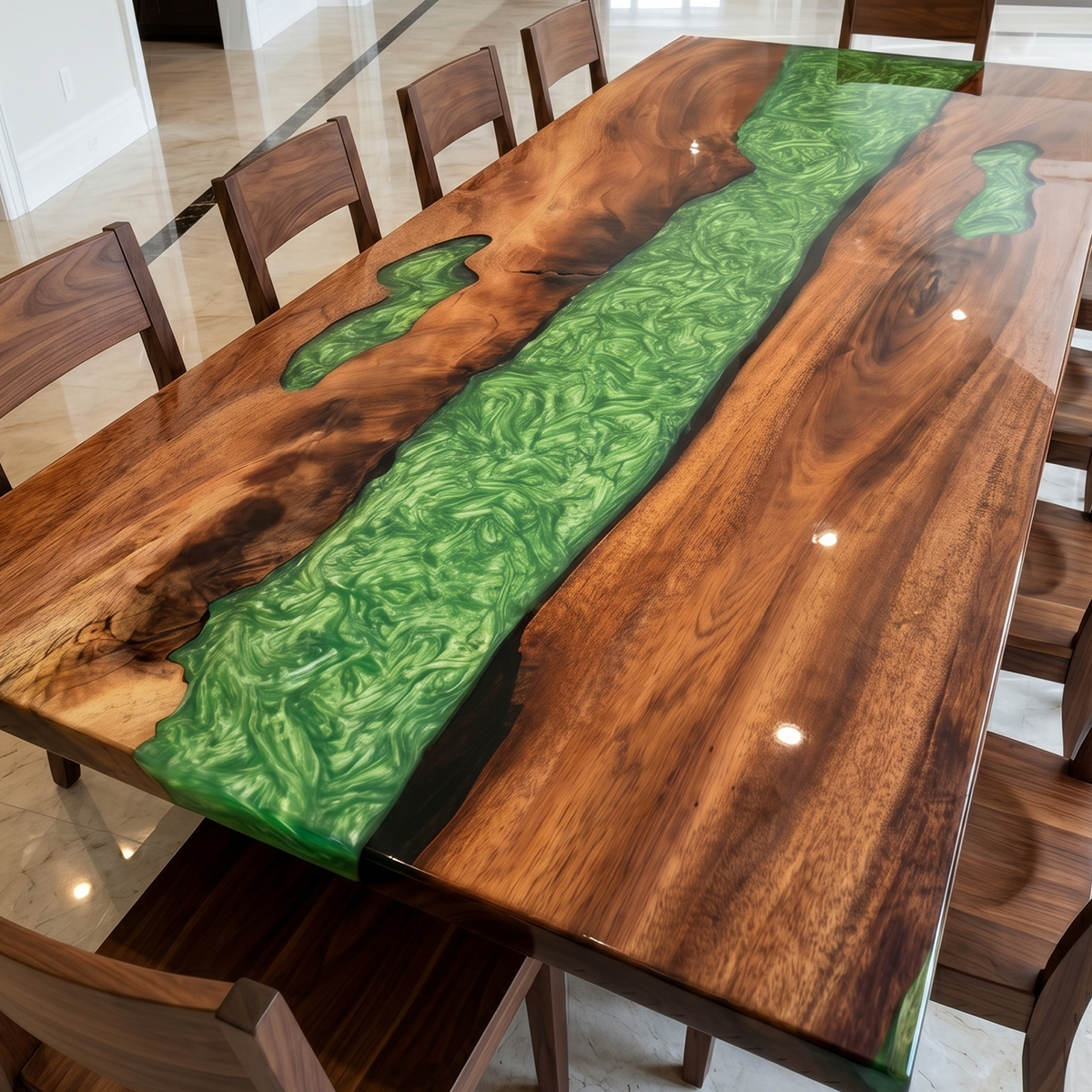 Walnut Wood Green Epoxy River Dining Table