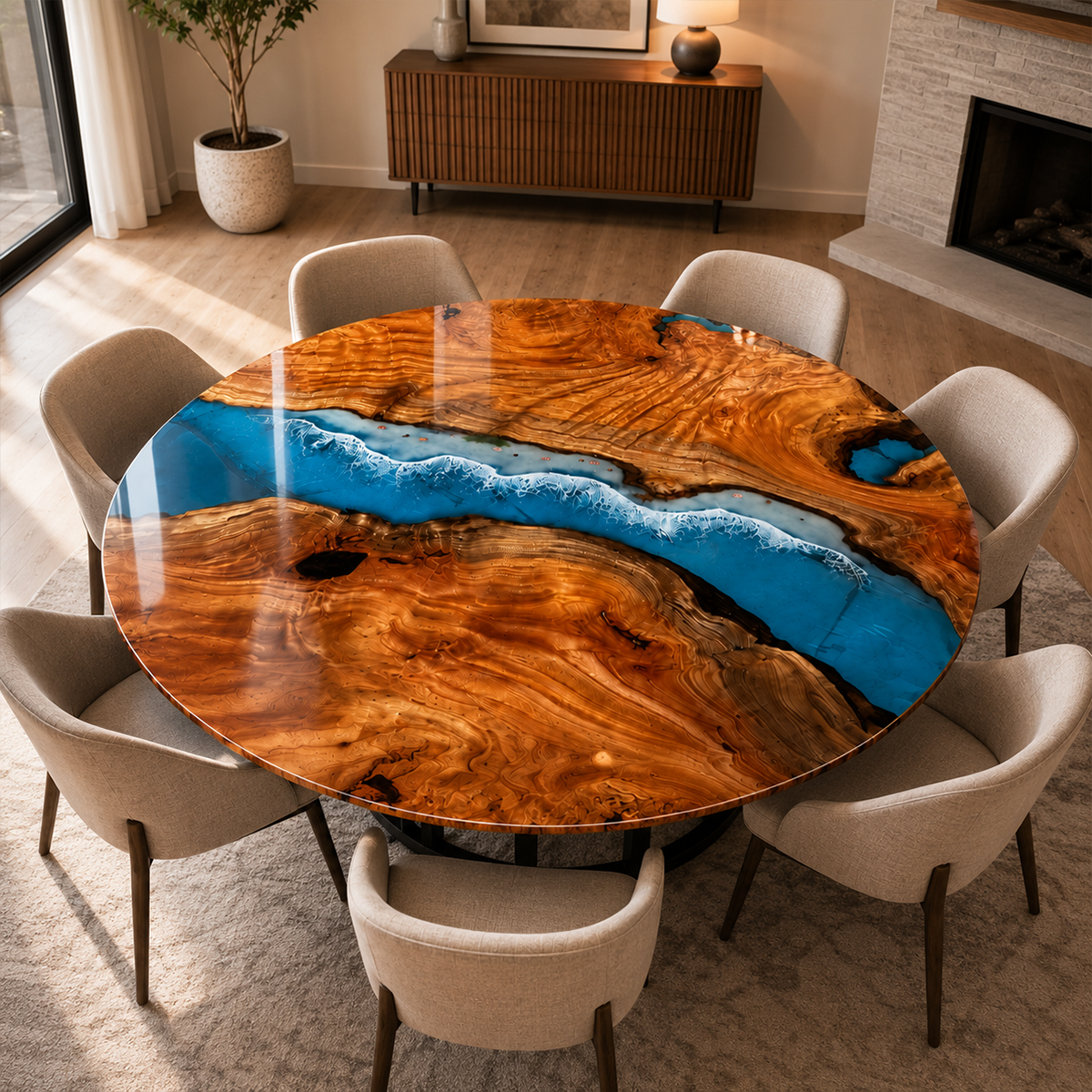 Cunninghamia Wood Blue Wave Resin Round Table