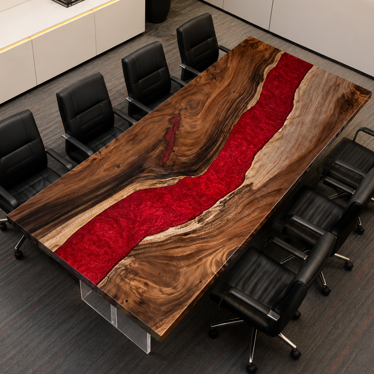 Black Walnut Wood Red River Epoxy Resin Conference Table