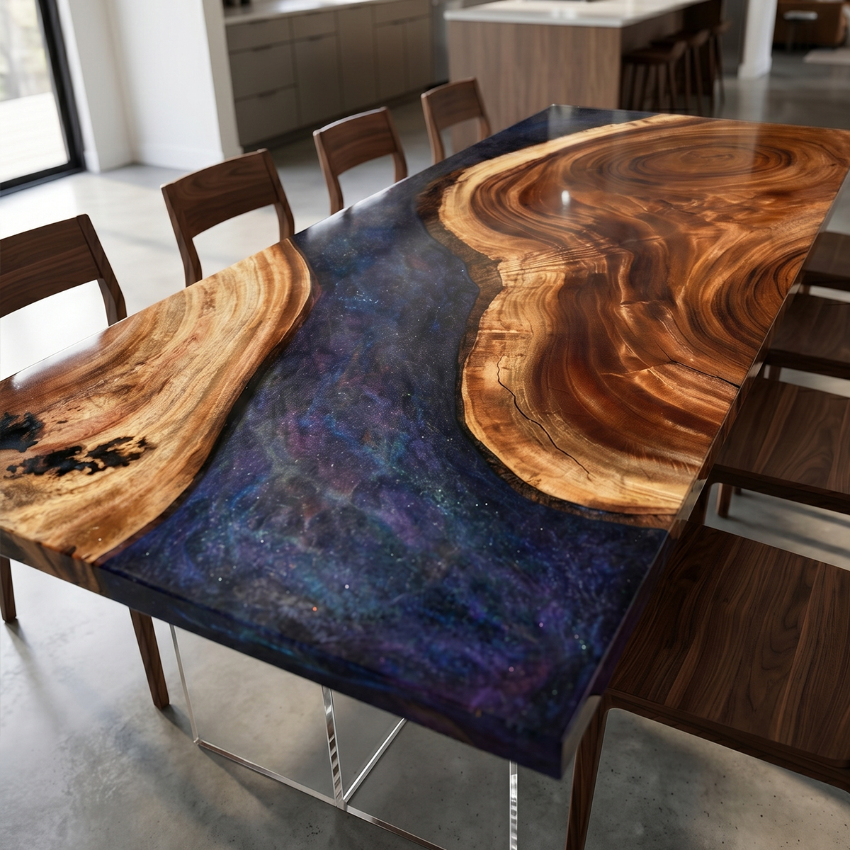 Rectangular Burl Wood Deep Blue Starry Epoxy Resin Dining Table
