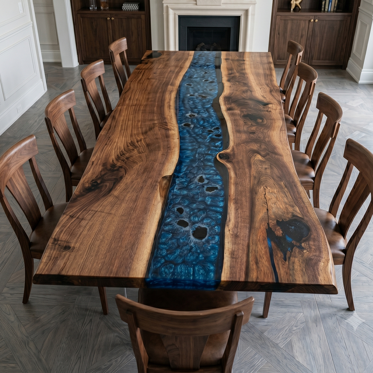 Walnut Wood Epoxy Resin Turquoise Stream Dining Table