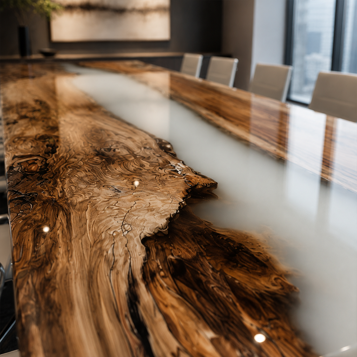 Olive Wood Clear White Epoxy Resin River Dining Table