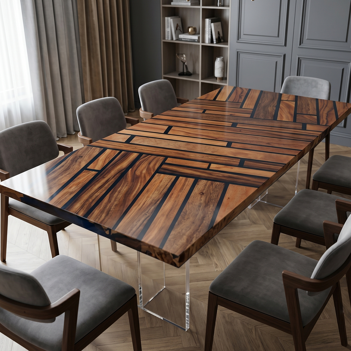 Black Walnut Wood Geometric Parquet Wood Epoxy Resin Dining Table