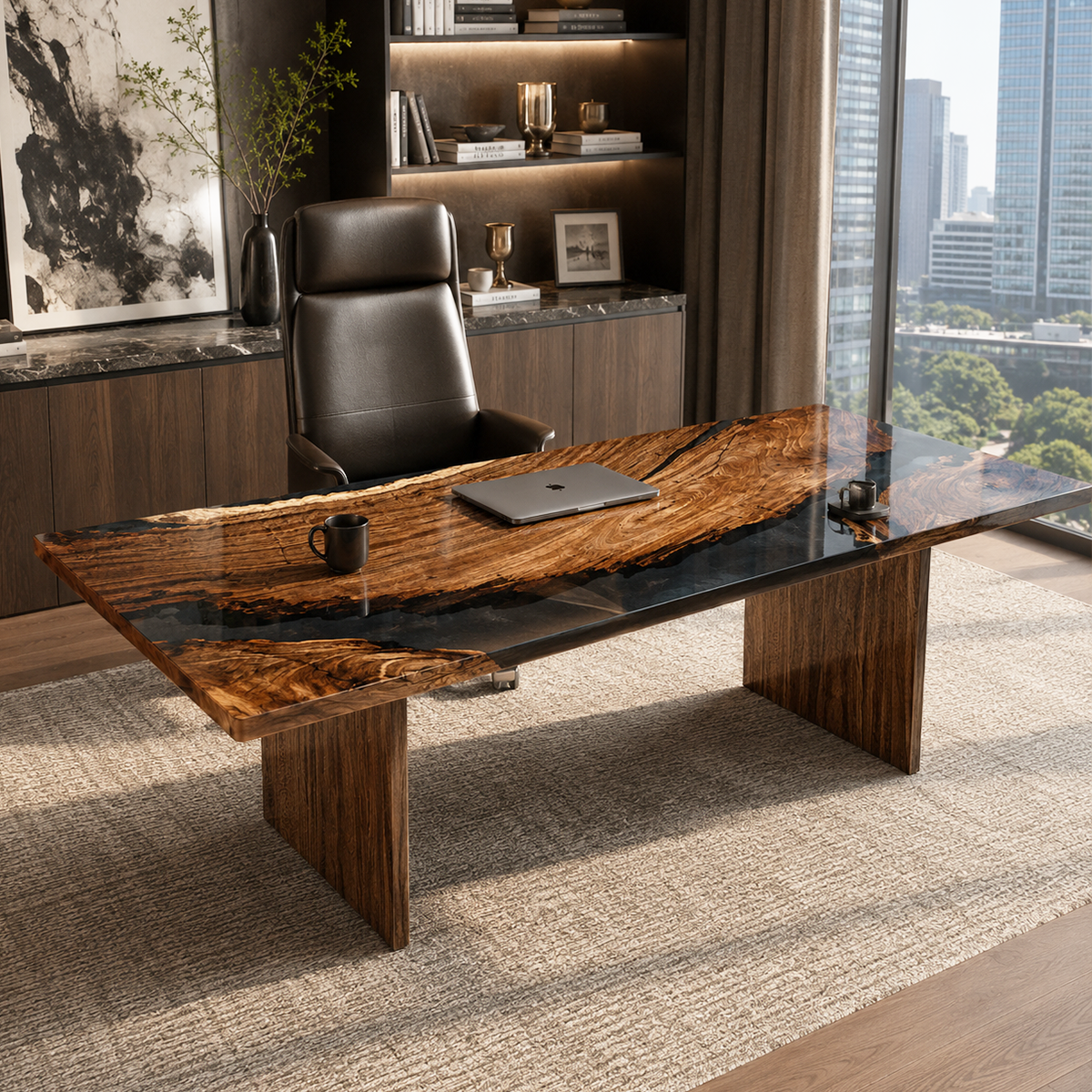 Black Walnut Wood Rectangle Epoxy Resin Conference Table