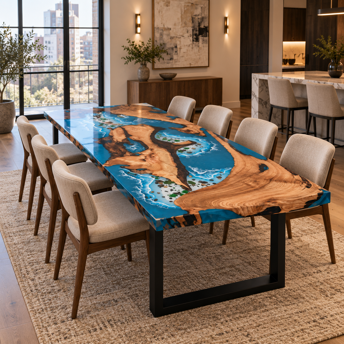Custom Olive Wood Ocean Scene Rectangle Epoxy Resin Dining Table